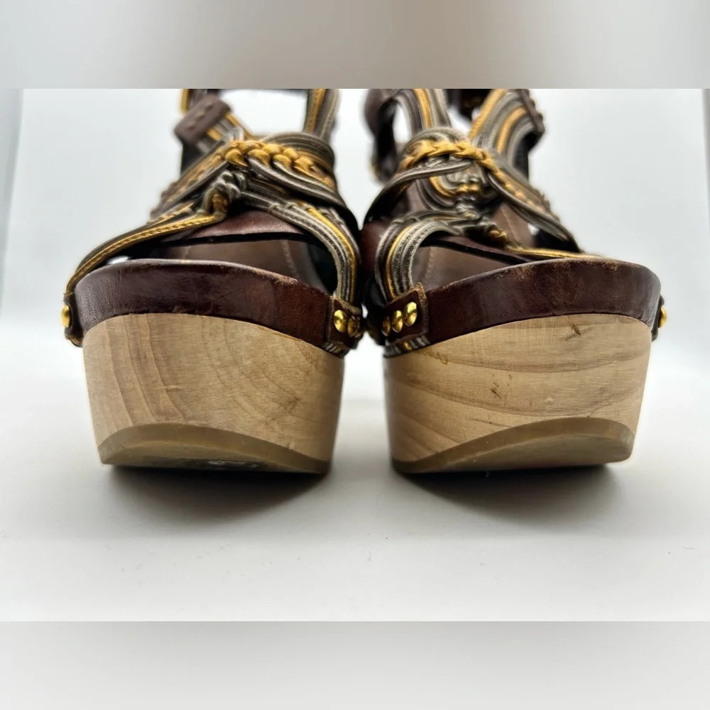 Miu Miu 36 Heel Sling Clog Wedge Platform Stud Brown Leather Wood Y2k boho tall - Picture 15 of 15
